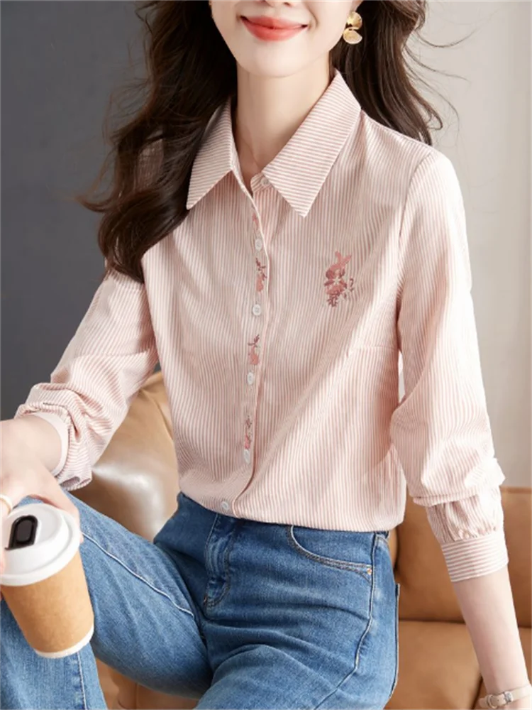 Blusa bordada de manga larga para mujer, camisa a rayas, cárdigan, color rosa, Primavera