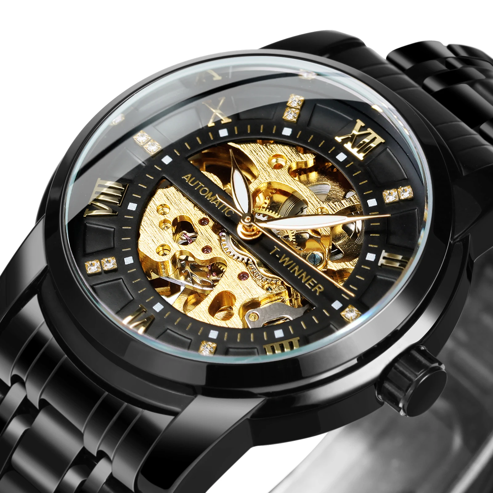 

WINNER Black Gold Skeleton Watch for Men Fashion Diamond Luminous Hands Stainless Steel Band Luxury Automatic Mechanical Watches