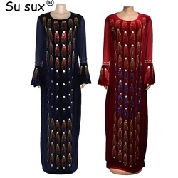 African Party Dresses For Women 2023 Elegant Beading Sequins Velvet Maxi Dress African Clothes Robe Africaine Femme High Quality