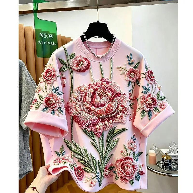 Extra-large Size Men's and Women's Summer Pink Beaded Round-neck Short-sleeved T-shirt Loose Top for Chubby Girls Look Slimmer