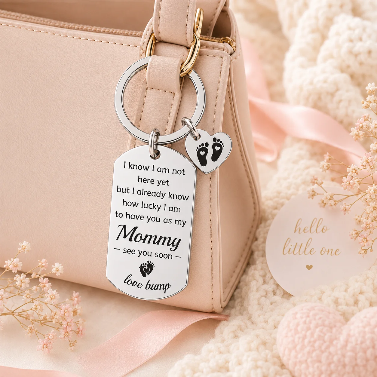 Love Bump Mommy Metal Keychain, Heart Baby Footprint Charm, Pregnancy Baby Shower Gift for Expecting Mom