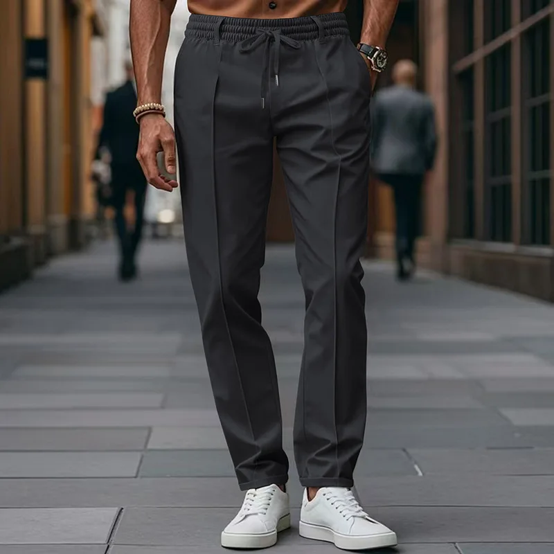 

Mens American Style Autumn Winter Solid Color Casual Pants Slim Fit Tied Waist Comfortable Business Trousers