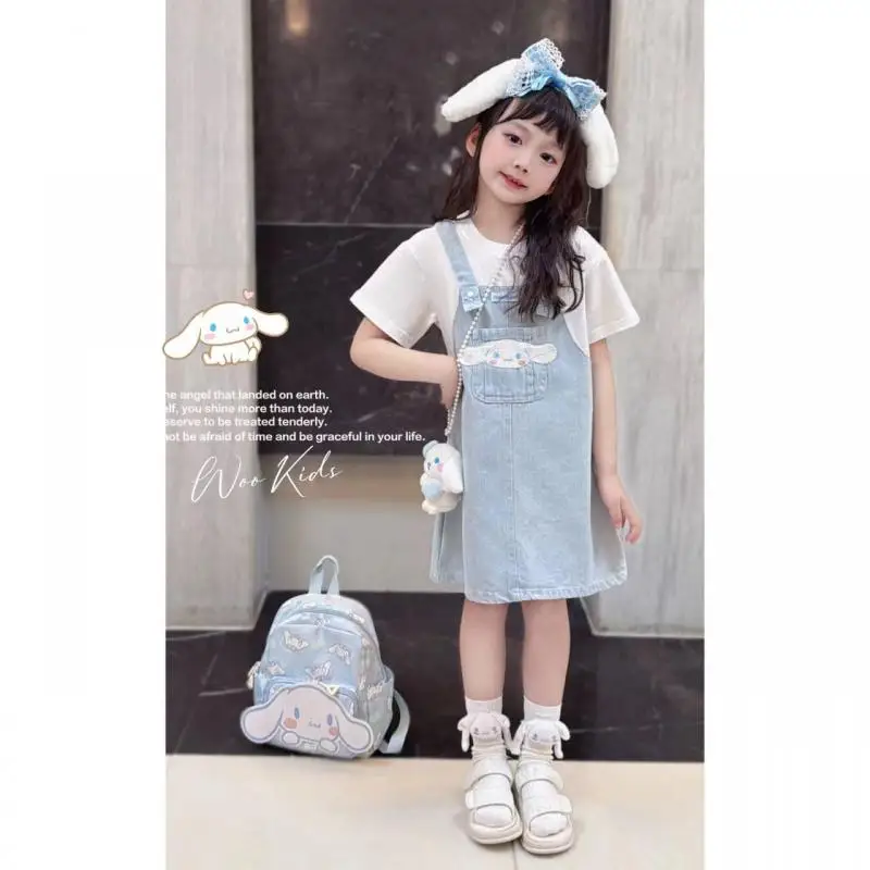 Kawaii Sanrioed Cinnamoroll Kids Dress Girls Denim Suspender Skirt Sweet Short Sleeve Fake Two Piece Dress Cute Kids Clothes New