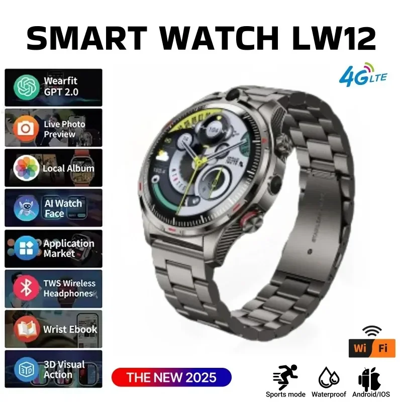 LW12 4G Smart Watch 1.43 Inch HD Screen 466x466 Dual Camera Android 9.0 SIM Card GPS WiFi App Download Waterproof for Men Women