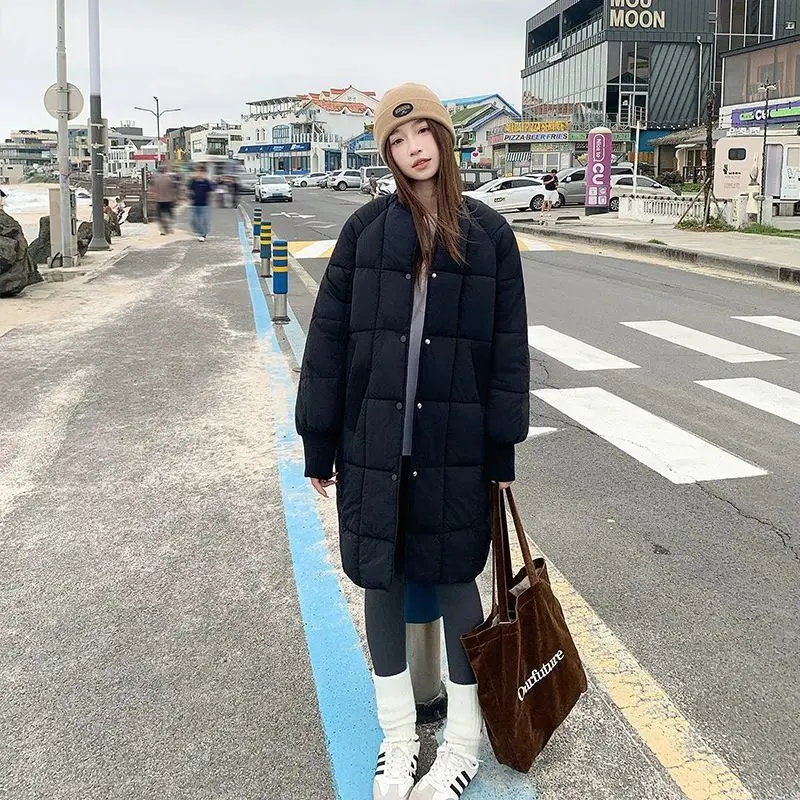 Korean Round Neck Design Down Cotton Clothes for Women's 2025 Winter New Over-the-knee Thickened Student Cotton-Padded Jacket WF