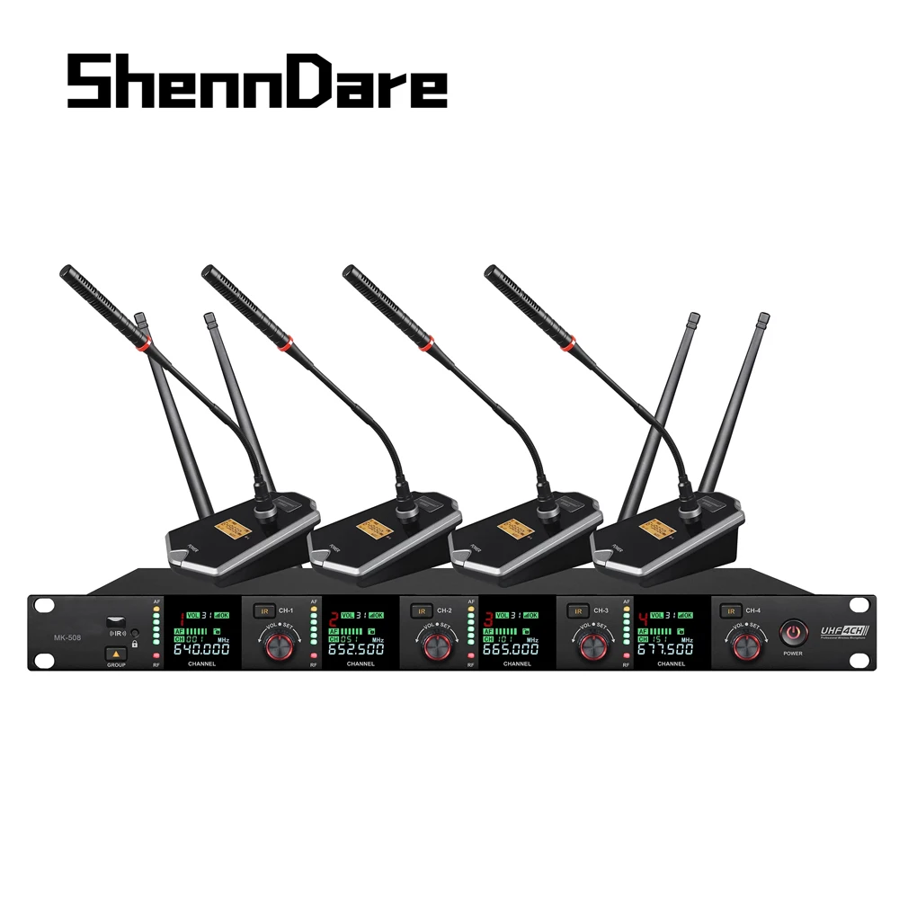 SHENNDARE microfono per conferenze Wireless UHF professionale a 4 canali microfono Lavalier portatile per conferenze in chiesa eventi all\'aperto