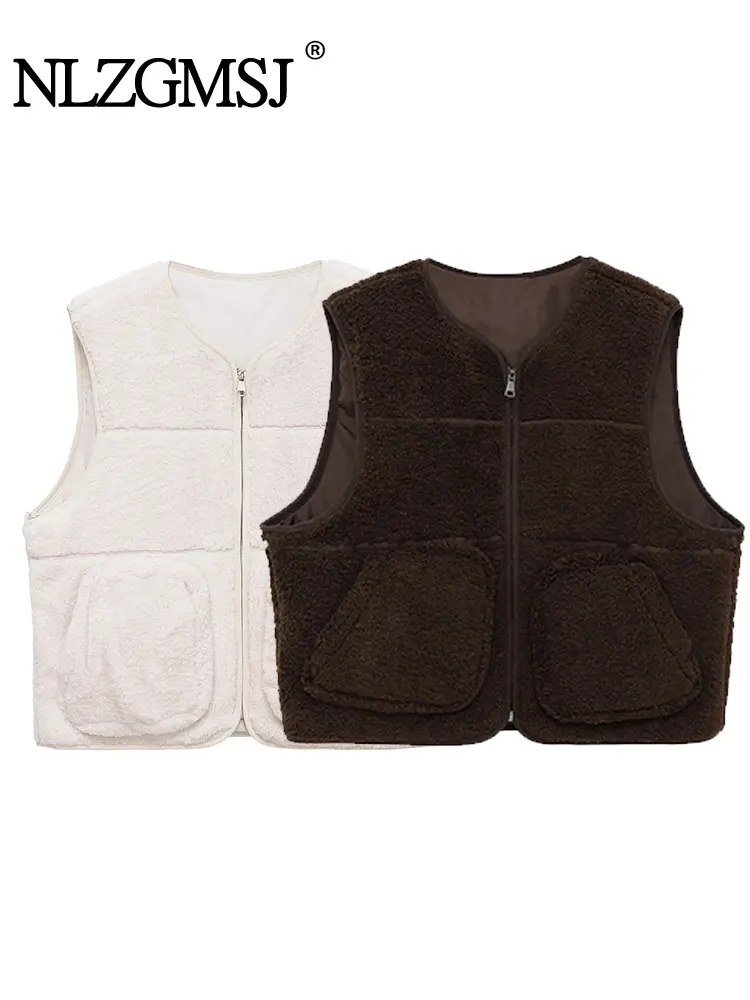

NLZGMSJ женский жилет из искусственного меха 2025, зимняя теплая свободная куртка без рукавов с карманами, женский укороченный топ, верхняя одежда, пальто Y2K