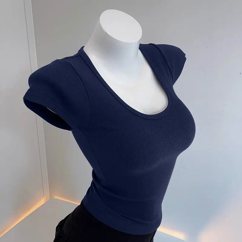 

Футболка в западном стиле с низким U-образным вырезом и короткими рукавами, летняя повседневная футболка с высокой талией, облегающие сексуальные универсальные топы, модная одежда для женщин