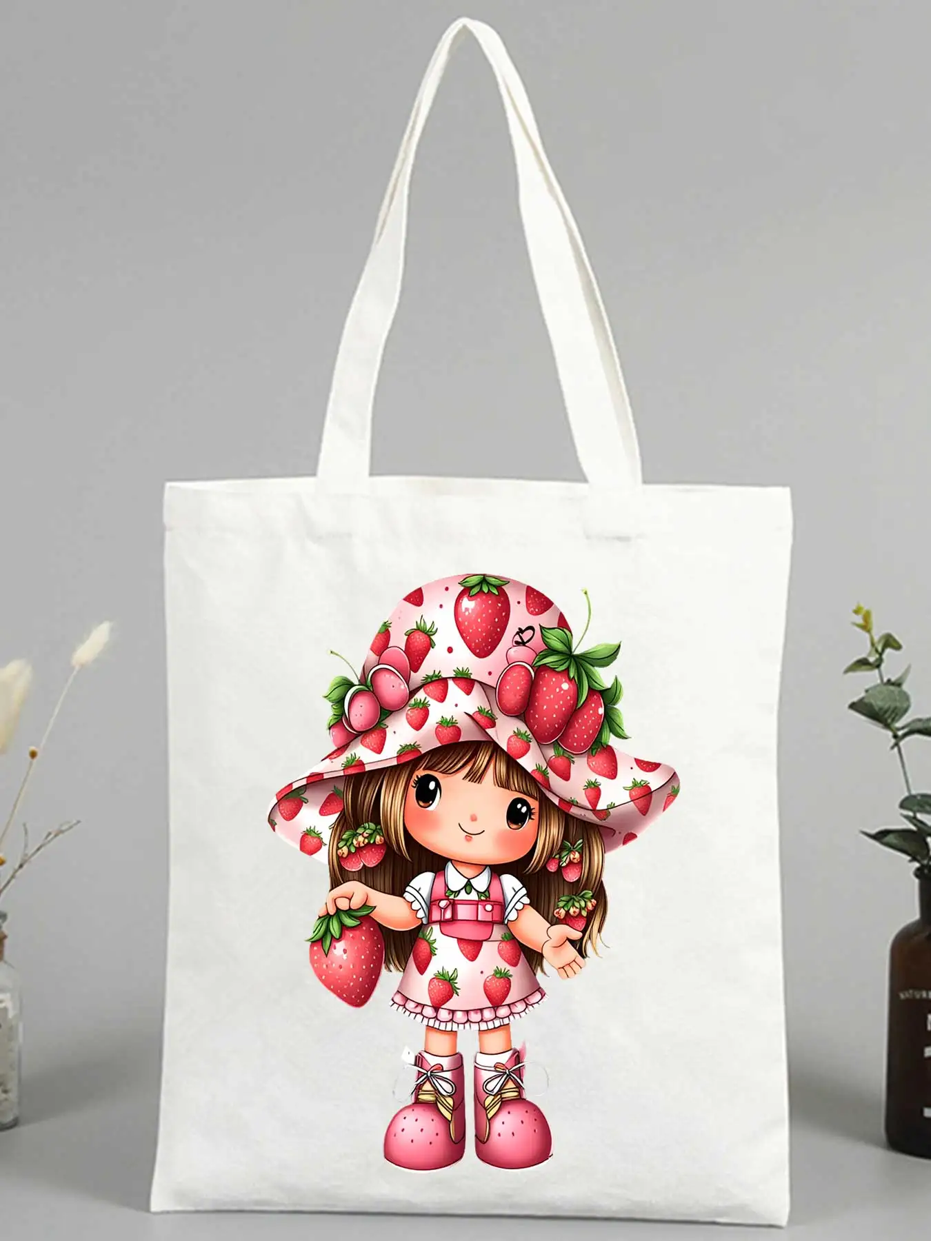 strawberry girl graphic canvas tote bag, casual style for summer shopping and daily outings