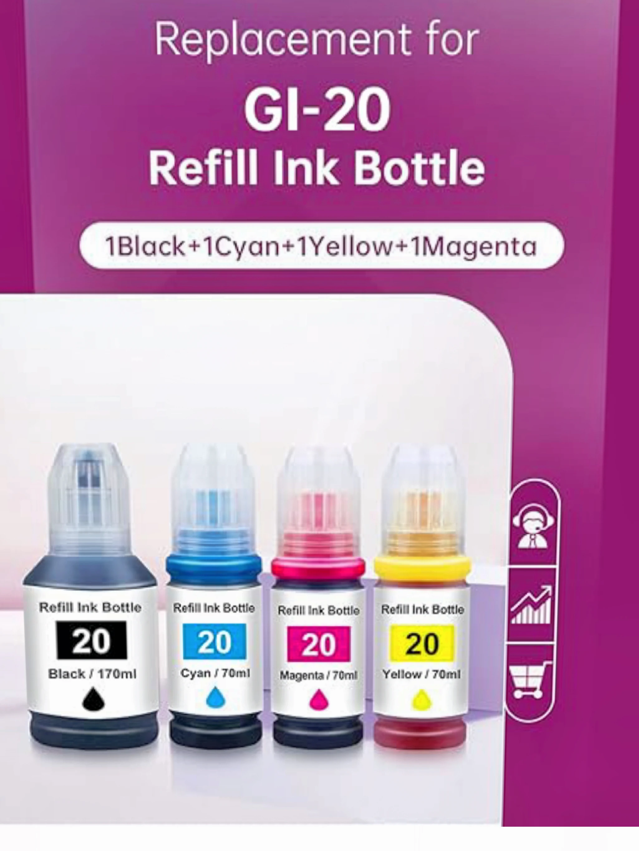 GI20 Refill Ink Bottle, Compatible with G5020 G6020 G7020 1220 MegaTank Printer, GI-20 Black and Color Ink Combo Pack GI20 ink