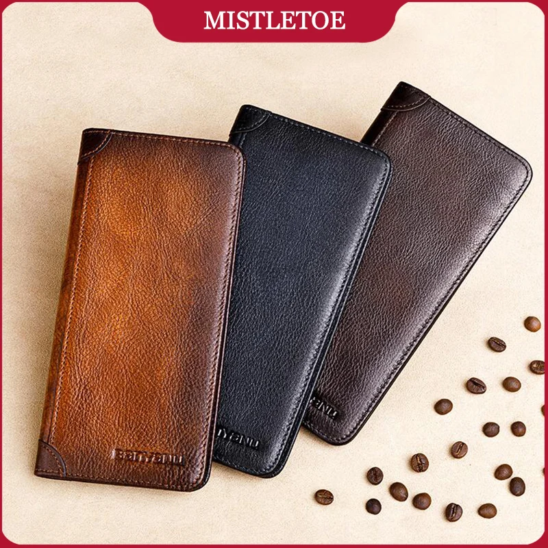 Vintage Ultra Thin Men Wallet Credit Card Holder Purse Anti RFID Cow Genuine Leather Long Wallet for Men