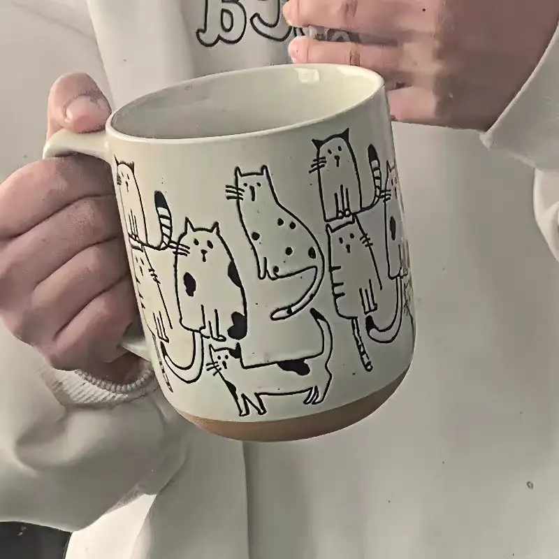 New Hand Drawn Pattern Ceramic Mug Cartoon Cute Fashion Creative Large Capacity Office Breakfast Milk Cup Coffee Cup Hand Drawn