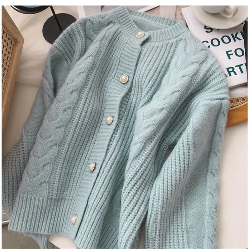 Women Korean Fashion Vintage Chic Beaded Button Thick Knitted Cardigan Autumn Winter Twist Simple Sweet Long Sleeve Sweater Coat