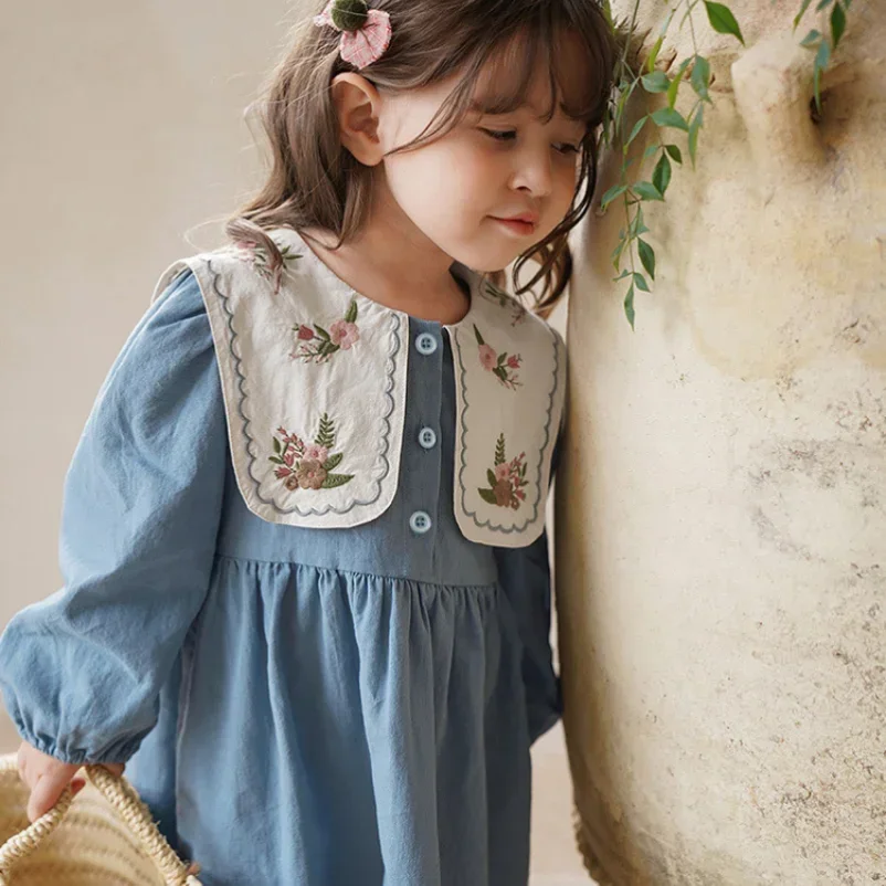 Girls Dress Spring Autumn Long Sleeve Lapel Embroidered Princess Dress Kids Clothes Fashion Korean Children Dresses 2-7Y