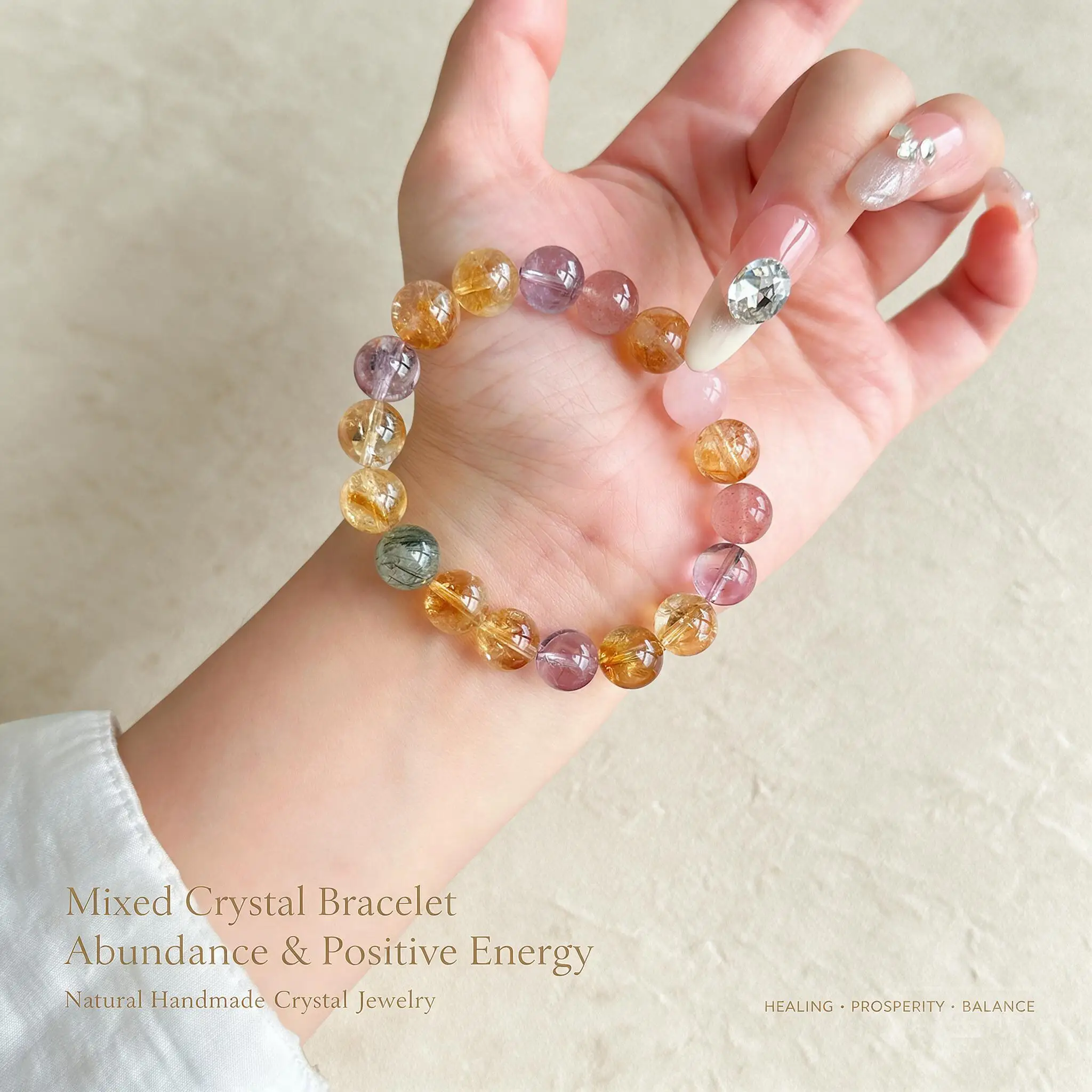Chinese Style Natural Citrine Amethyst Rose Quartz Strawberry Crystal Handstring Bracelet Lucky Wealth Blessing Auspicious Women