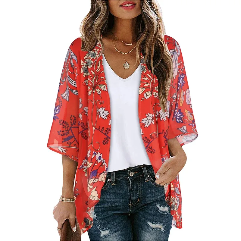 

Women's Floral Print Puff Sleeve Kimono Cardigan Loose Cover Up Casual Blouse Tops(Dark Grey,L)