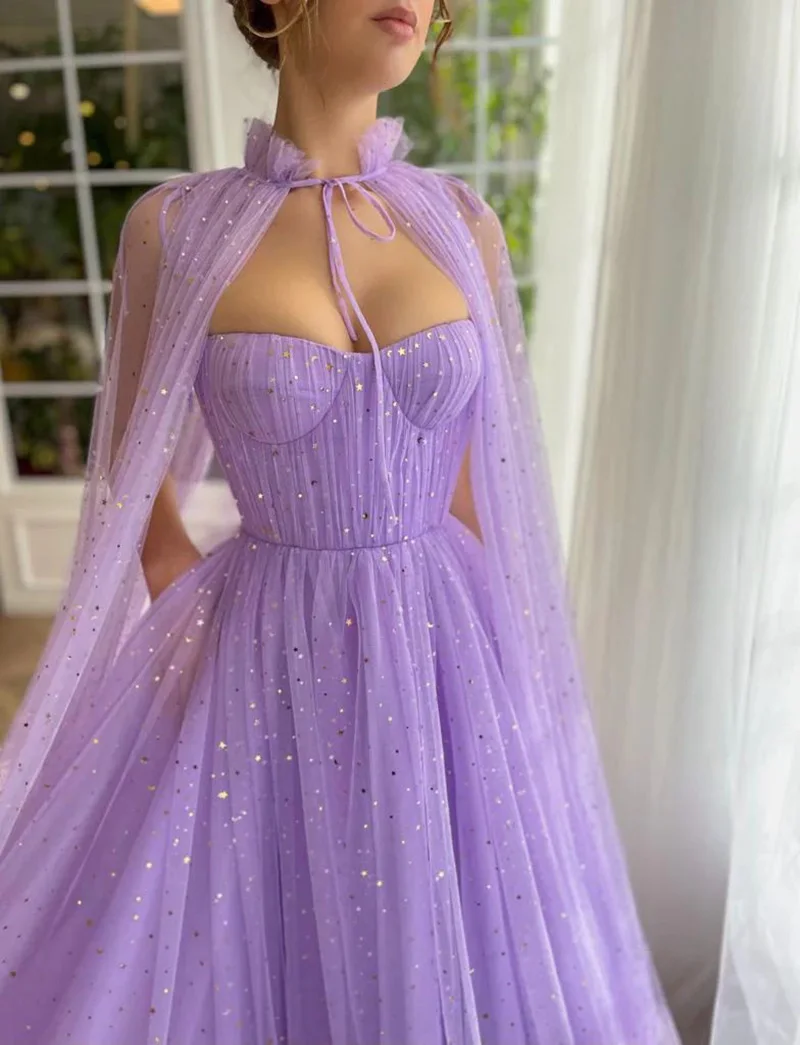 Elegant Lilac Two Pieces Evening Dress Shiny Tulle Party Gown With Cloak Long Prom  Special Occasions  Robe Customize