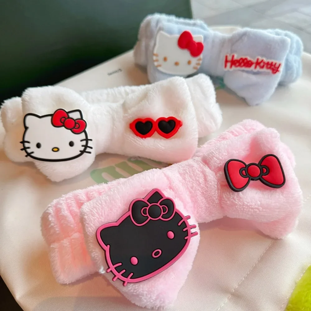 

Kawaii Hello Kitty Bandeau Cute Maiden Cartoon Bow Plush Hair Accessories Girl Wash The Face Elastic Headband Gift