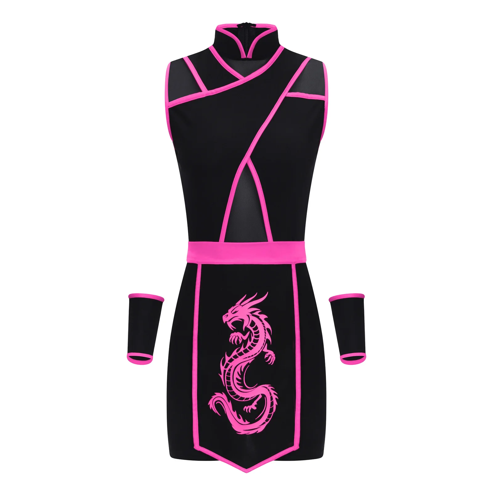 

Adult Women Halloween Party Ninja Cosplay Dress Costume Dragon Print Apron And Oversleeve for Cosplay Carnival Themed Party Wear
