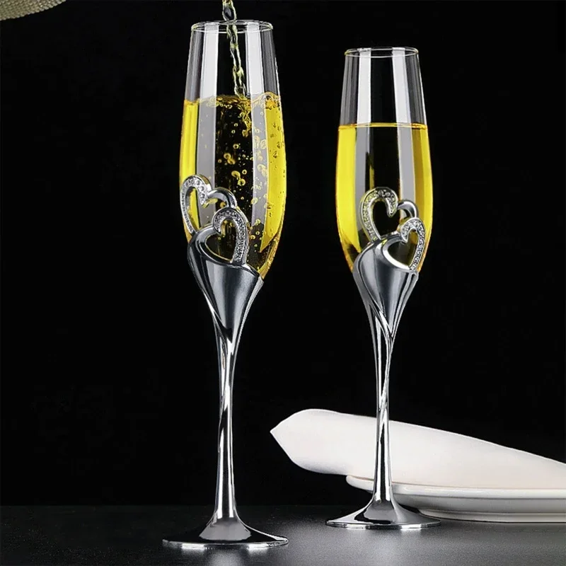2pcs Wedding Champagne Flute Set Heart Rim Decor Clear Glass Toasting Goblet For Party Bar Anniversary Drinkware Tabletop Gift