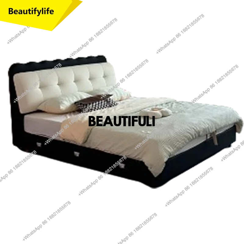 

Q181 Backrest Leather Double Bed Luxury Simple Black White Floor Loft King Bed Bedroom Modern Drawers Cama De Casal Bedroom Furn