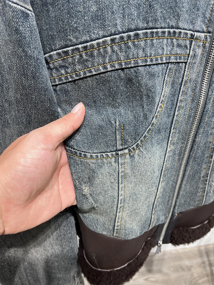 2025 Fashion Women Real Merino Sheep Fur Collar Denim Down Jacket Winter Warm Thick Luxury Clothing Parkas Female Puffer Jacket