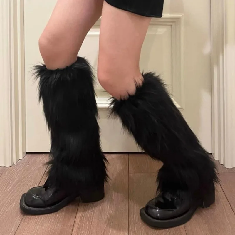 Y2K Furry Leg Warmers Goth White Faux Fur Leg Warmers Boot Covers Lady Cute Fashion Jk Knee-length Socks Hipster Warm Sock