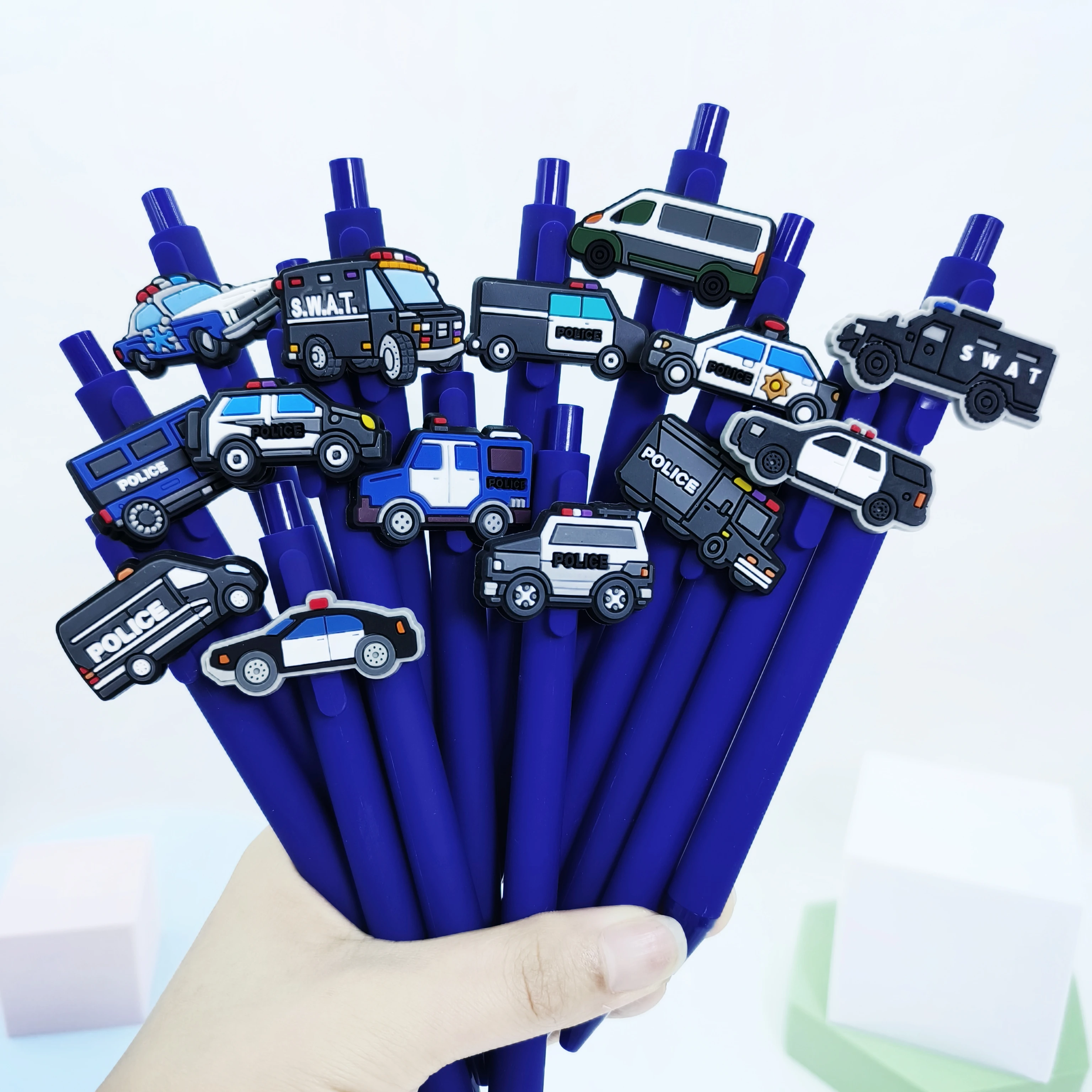 

10Pcs dark blue police car patch pen PVC soft patch ballpoint pen, student writing gift pen, random style