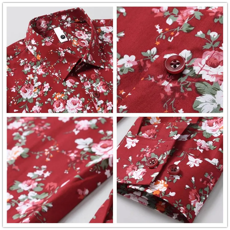 رجل طويل الأكمام الأزهار قمصان جديدة خمر القطن قمصان طويلة الأكمام هاوايان الفقرة Hombres الرجال عطلة فستان الحفلات قميص 6XL #5