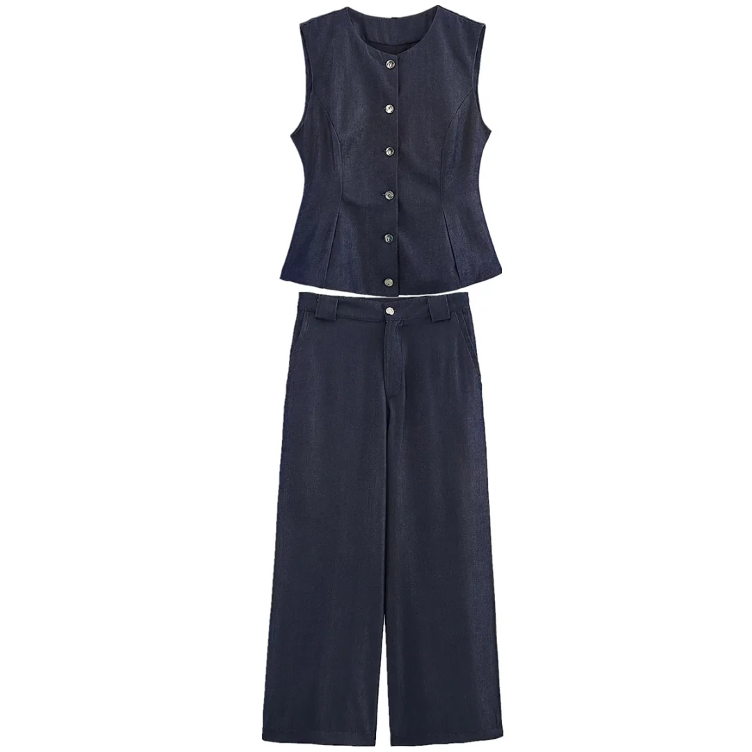 

Минималистичный женский комплект Maxdutti: джинсовый жилет и свободные укороченные джинсы, женский костюм из 2 предметов, комплект из брюк и топа