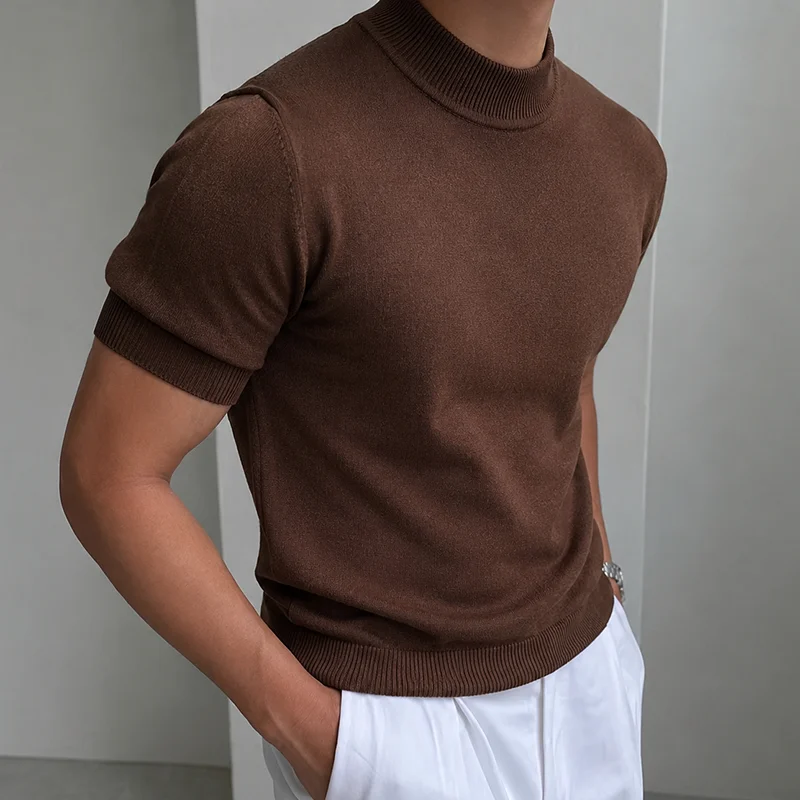 Herren Casual Einfaches Strick-T-Shirt Halbhoher Kragen Weicher Komfort Modisch Einfarbiges Strick-Kurzarm-T-Shirt Mock Neck Pullover – Detail 25