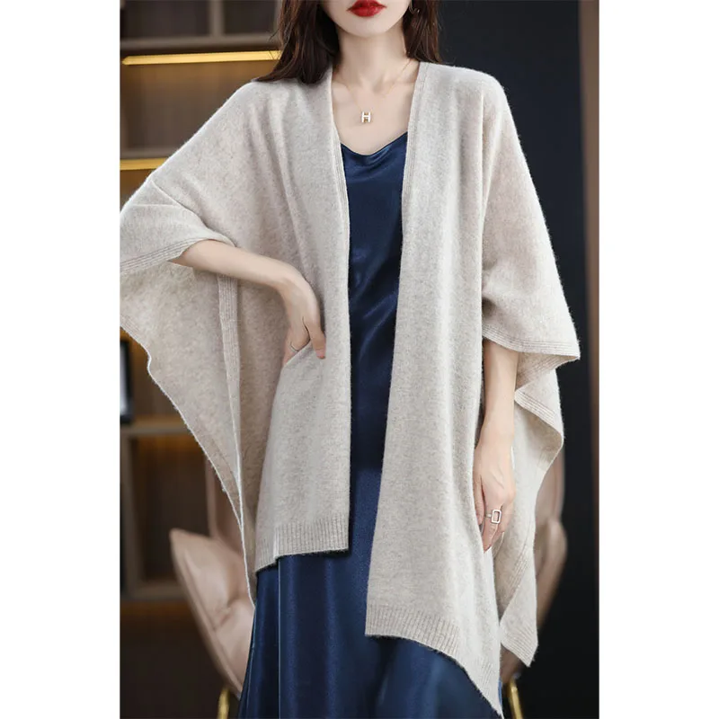 

International style oversized shawl for women 100% pure wool cardigan cape loose knitted scarf spring autumn warm windproof cape