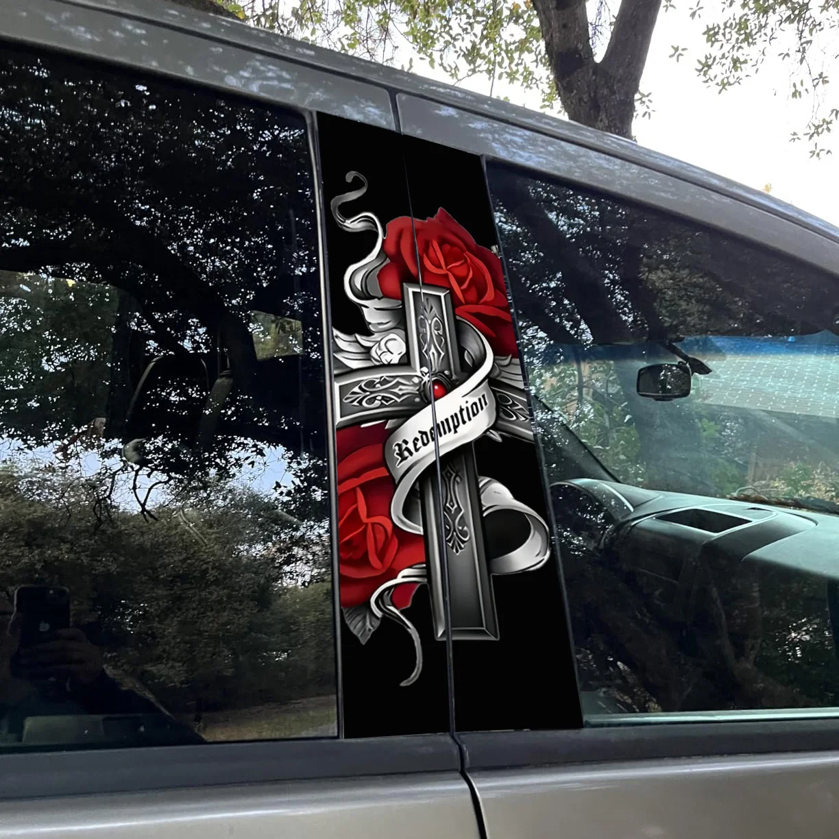 Angel Wings and Rose Redemption Cross - Waterproof PVC Door Sticker, Scratch Resistant, Easy to Stick to Cars