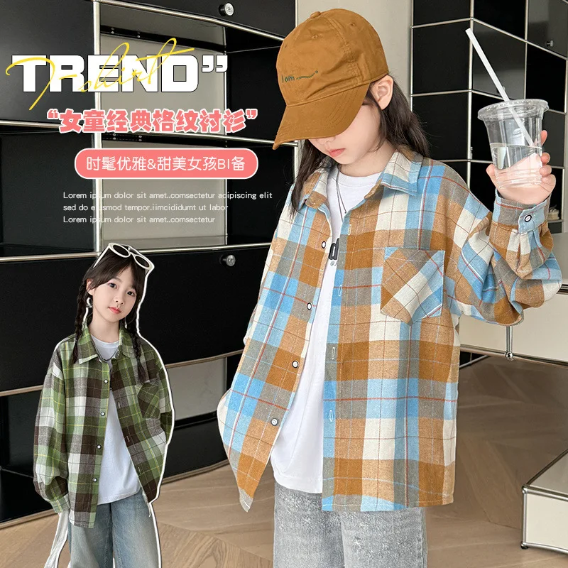 Teens Girls Blouse Spring/Autumn Long Sleeve Plaid Shirts for Kids Casual Versatile Fashion Children Tops Clothes 10 12 13 Years