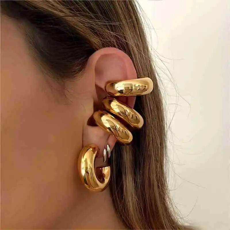 Badu Stainless Steel Round Chunky Ear Clip Earrings Unisex Statement Waterproof Thick Gold Color Ear Cuff Non Piercing Jewelry