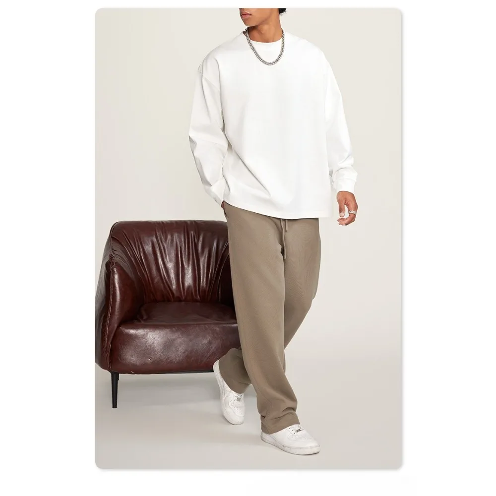 

Autumn American Fashion Brand Old Washing Solid Color Round Neck Loose Long Sleeve T-shirt for Men