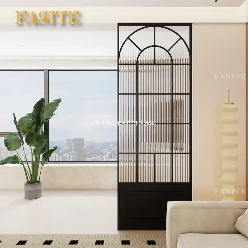 For French Cream Style Changhong Glass Partition Wrought Iron Stainless Steel Screen Divider for Living Room Entry Office