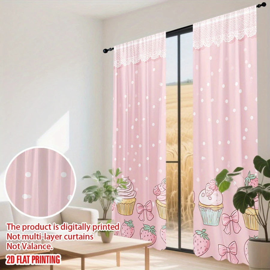 Digital Printed Curtains with Strawberry Cake Design, Stylish Window Drapes for Living Room Bedroom Home Decoration