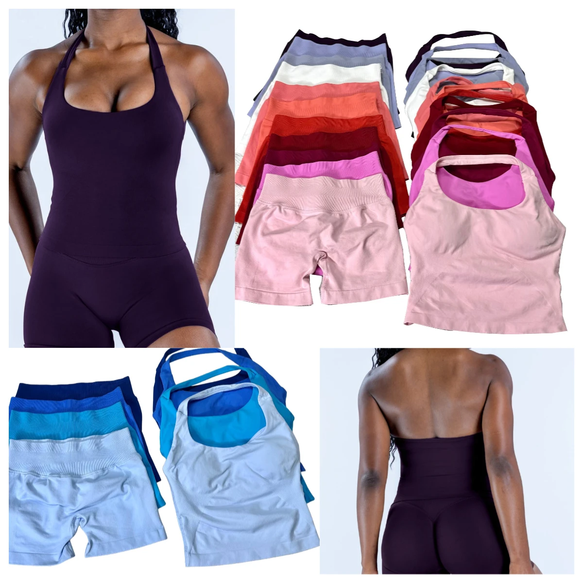 Yoga Outfits Women 2pcs Sports Set Halterneck Backless Halter Top Seamless Scrunch Bum Shorts Gym Workout Sports Suits