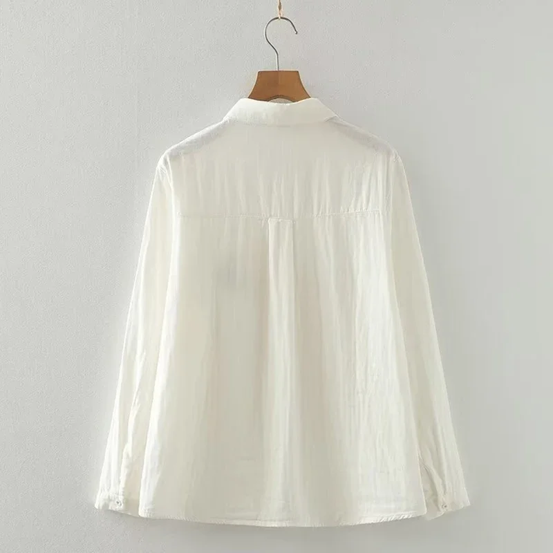 Spring Autumn Cartoon Bear Basket Embroidered Cotton Shirt Women White Color Base Long Sleeve Turn Down Collar Blouse Blusa