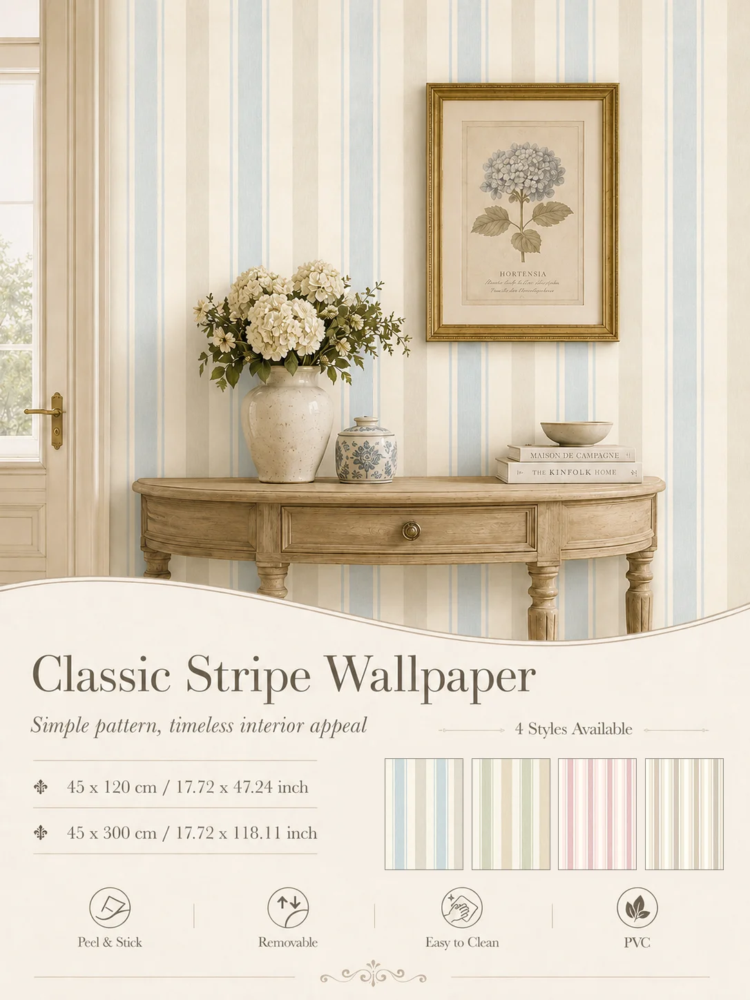 Vintage Light Blue Vertical Stripe Peel and Stick Wallpaper, Removable PVC Wall Film for Bedroom Entryway Decor