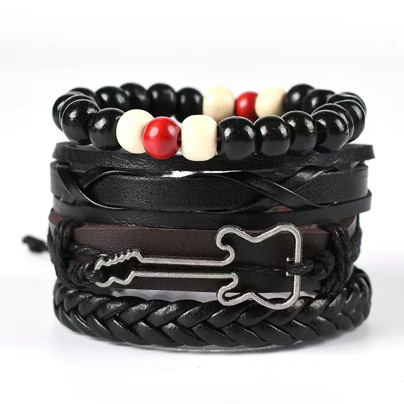 Simple Punk Gothic Rock and roll Individuality Exaggerate Originality Retro PU Leather Knit Bracelet Multilayer Accessory set
