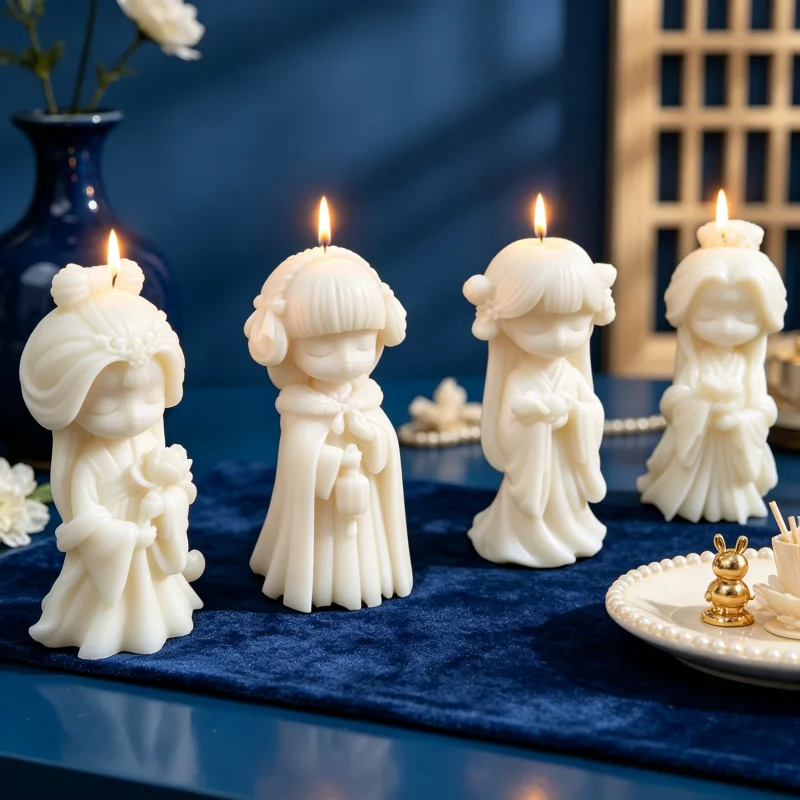 3D Chinese Princess Silicone Candle Mold, 4 Styles Asian Beauty Hanfu Dress Wax Mould for DIY Soap Resin Plaster Home Decor Gift