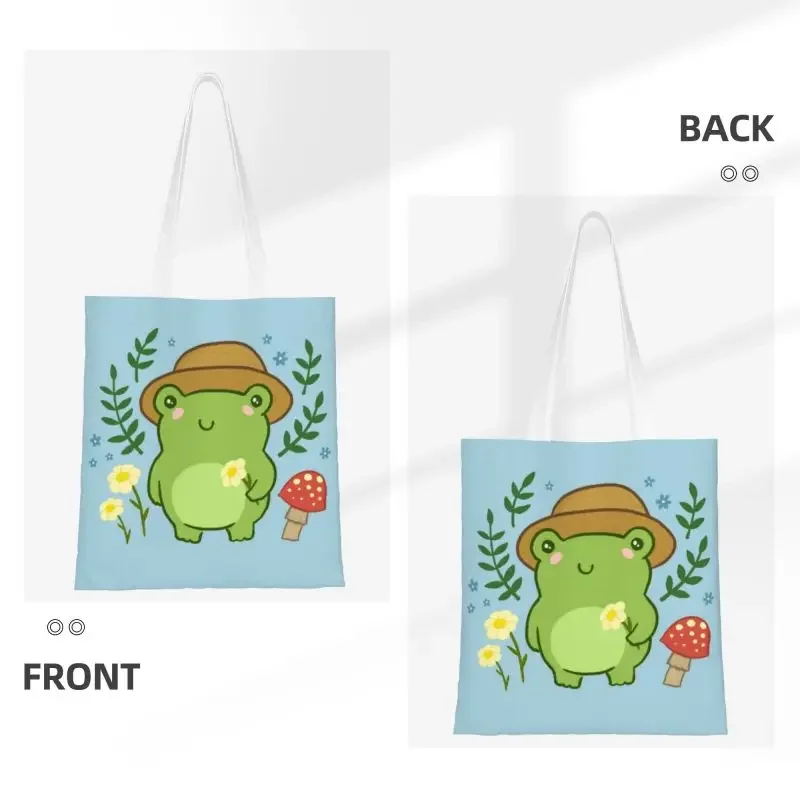 Cute Frog With Hat Mushroom Kawaii Aesthetic Cottagecore Grocery Shopping Bag Printed Canvas Shopper Shoulder Tote Bag Handbag