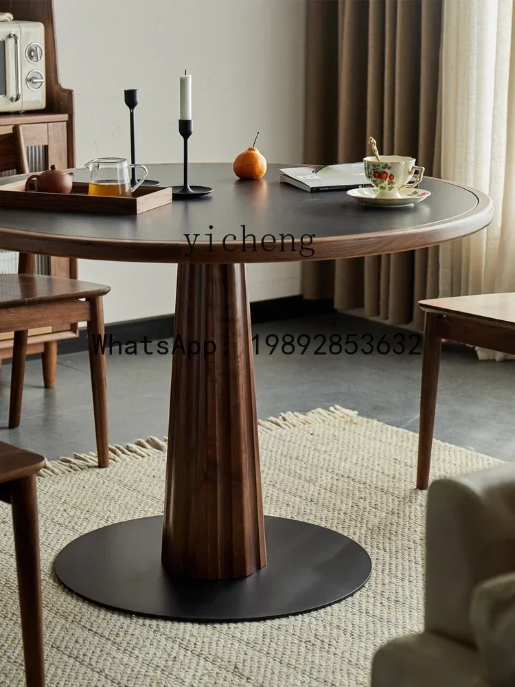 b19  Black Walnut Stone Plate round Table Solid Wood Dining Table Waterproof and Hard-Wearing Scratch-Resistant Small Apartment