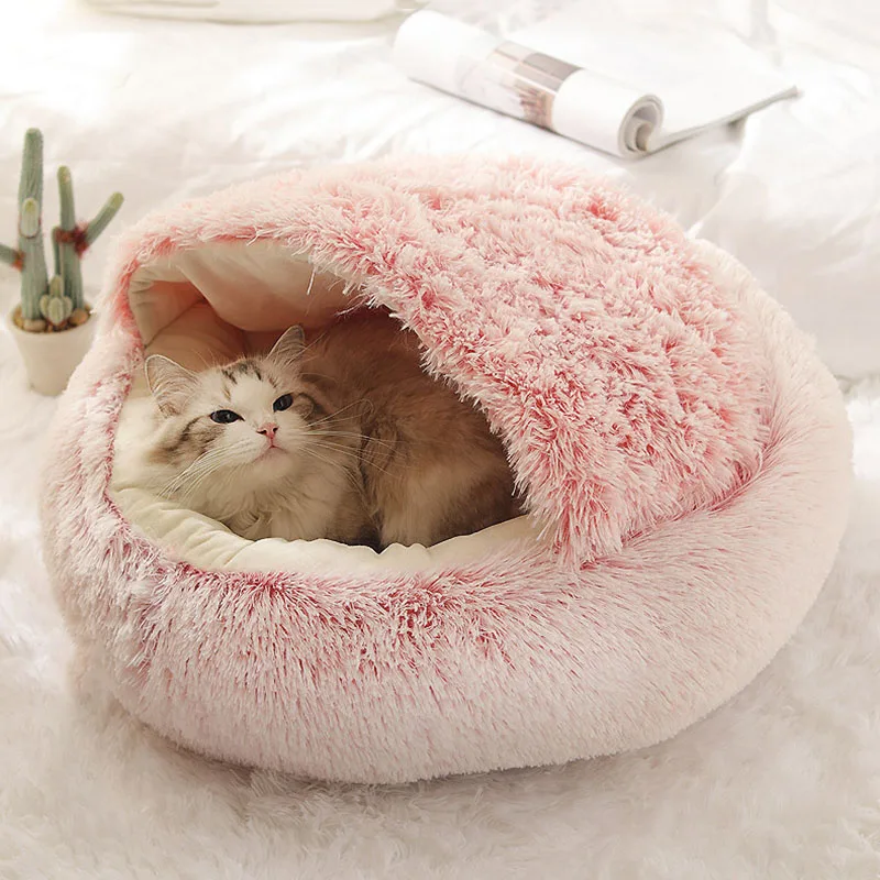 Cat Dog Nest Accessories Round Warm Cats Bed Pet Products House Supplies Sleeping Bag Winter Long Plush Stuff Bed For Small Dogs