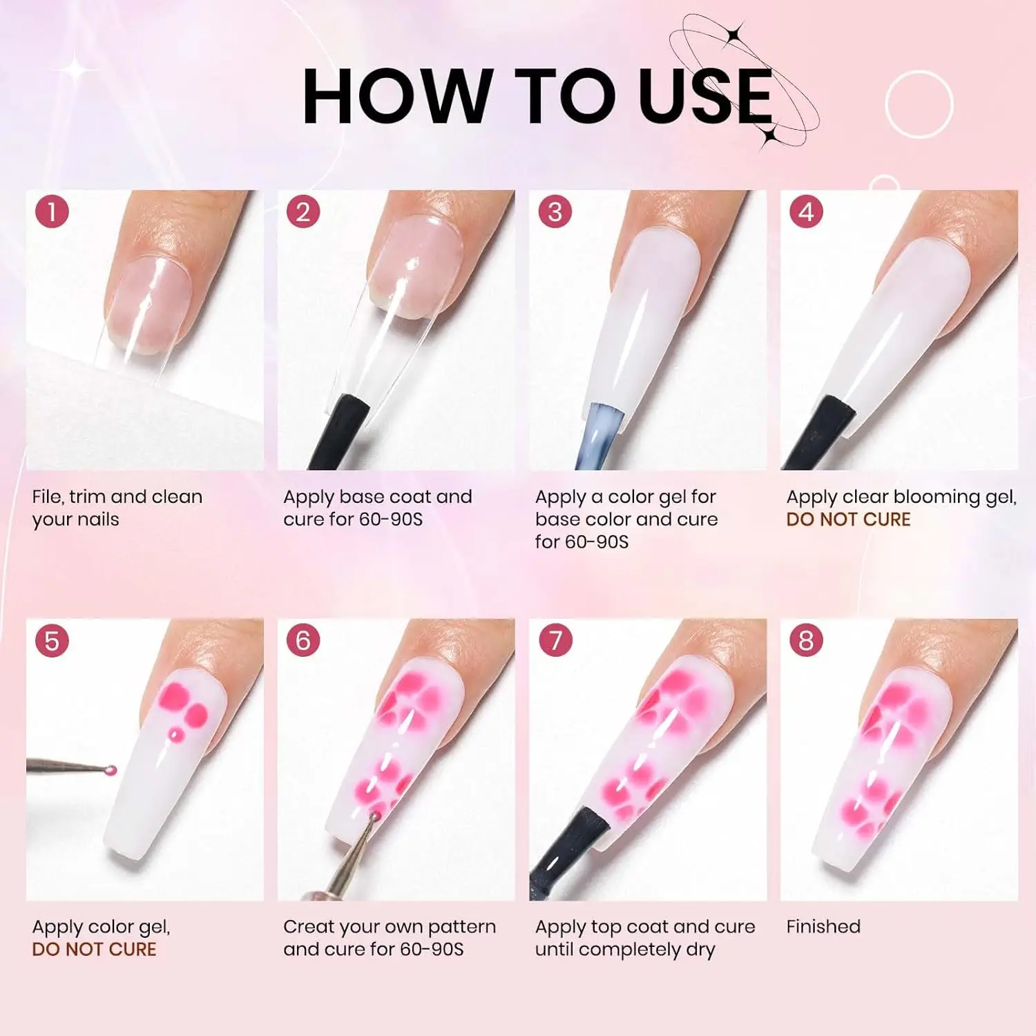طلاء أظافر جل شفاف مزهر 15 مل، مصباح LED بالأشعة فوق البنفسجية بتأثير رخامي هدية لعيد الأم