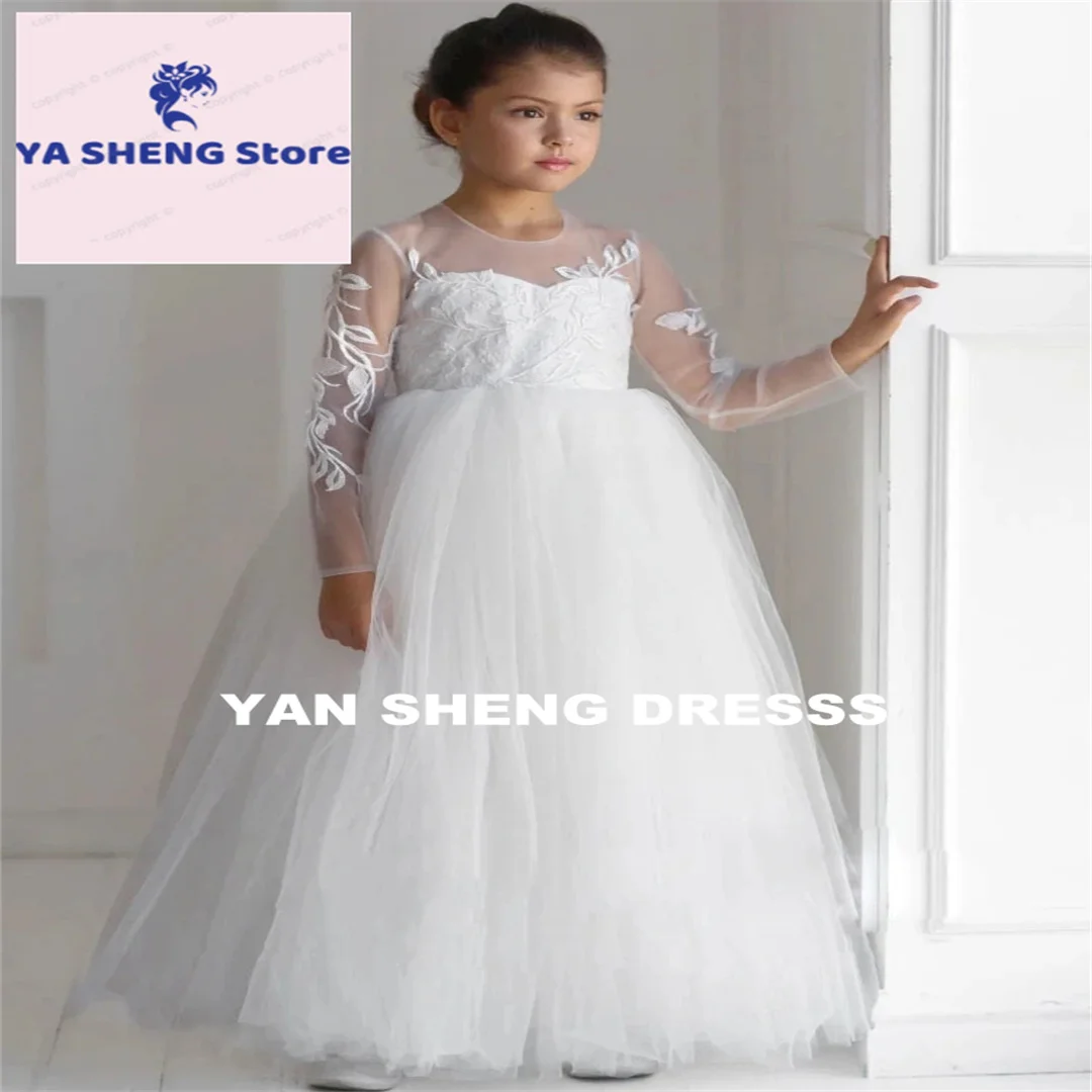 Maßgeschneiderte langärmlige weiße Tüllapplikationen Blumenmädchenkleider für Hochzeit, Geburtstag, Abschlussball, Bankett, Heilige Kommunion