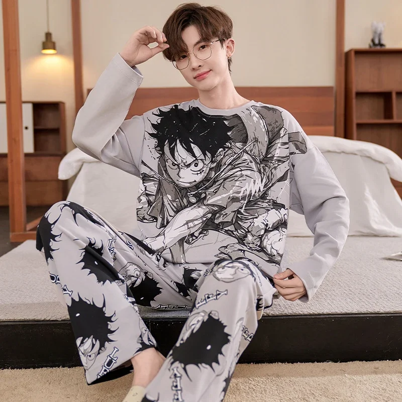 ONE PIECE Luffy autumn pure cotton long-sleeved trousers two-piece set men\'s pajamas casual loungewear pajamas pants set