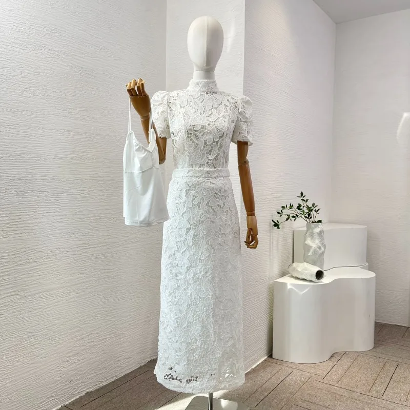 

White Blue Lace Patchwork Short Sleeve Stand Collar Blouse Tops and Skirt Set